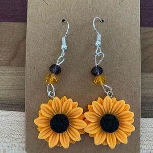 Hand Crafted Chunky Sunflower Beaded Dangle Earrings